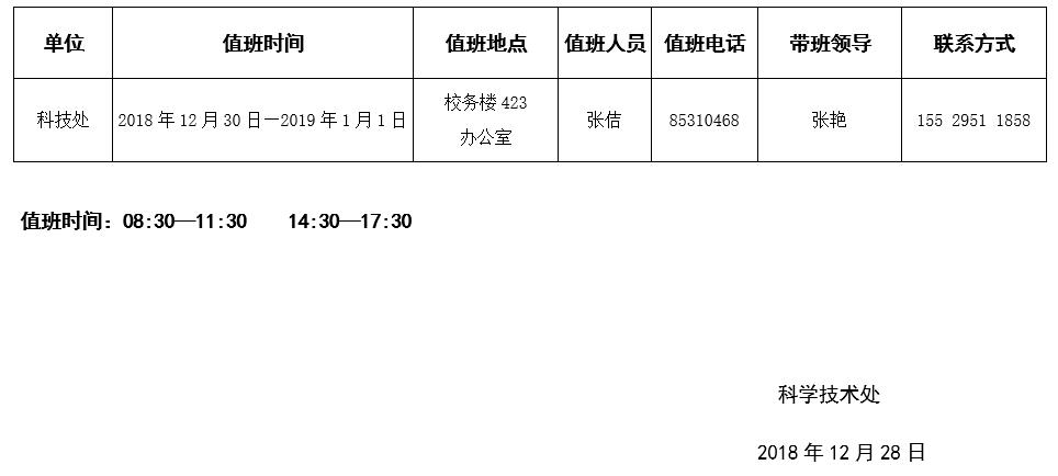 2019年元旦值班安排表